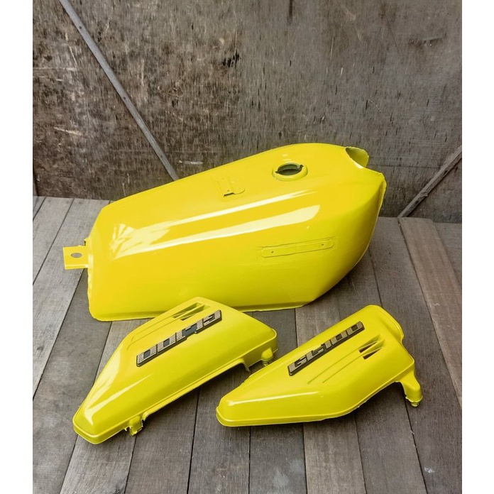 Jual tangki tengki bensin honda GL 100 bahan plat drum warna kuning set