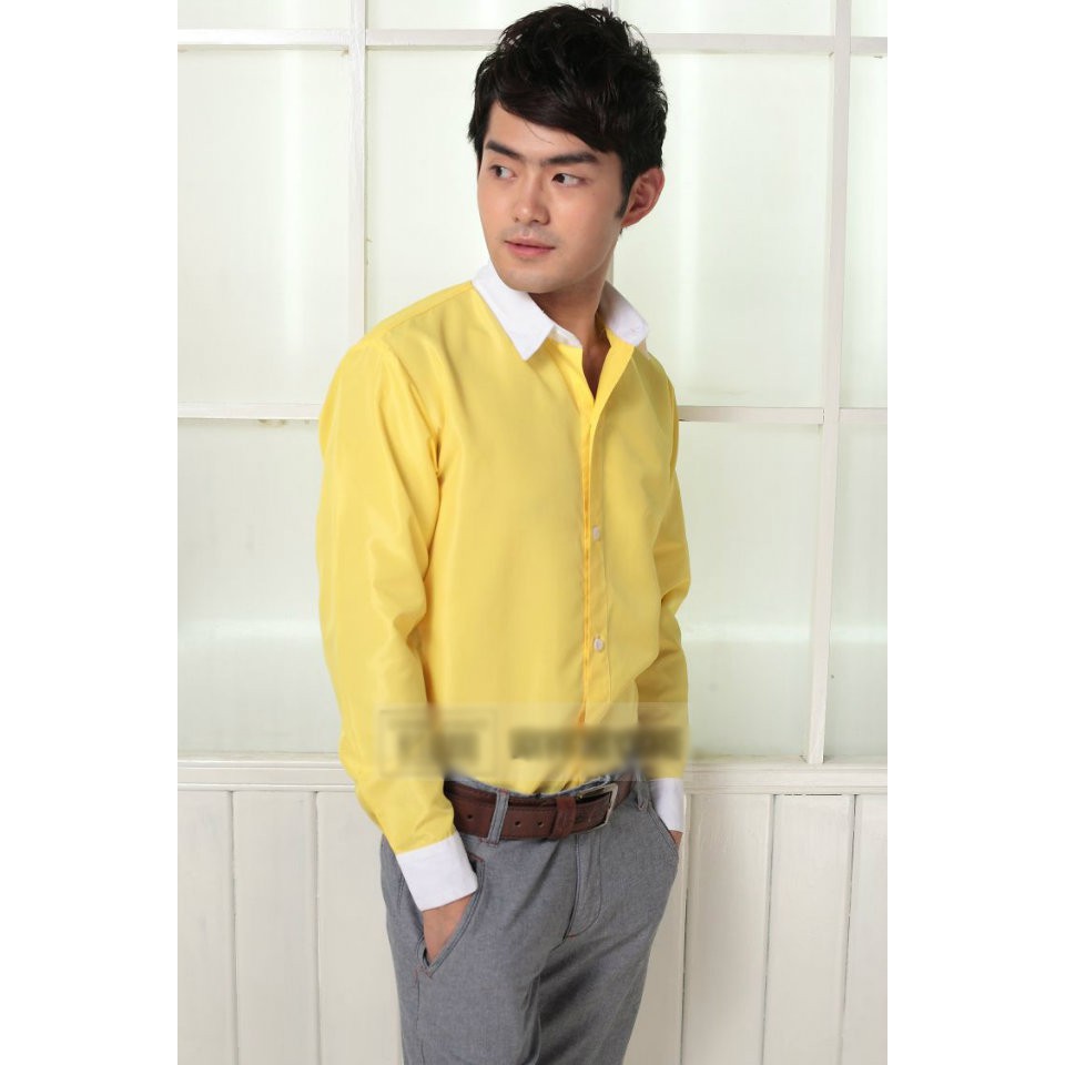 Jual Kemaja pria lengan panjang warna kuning kerak putih | Shopee Indonesia