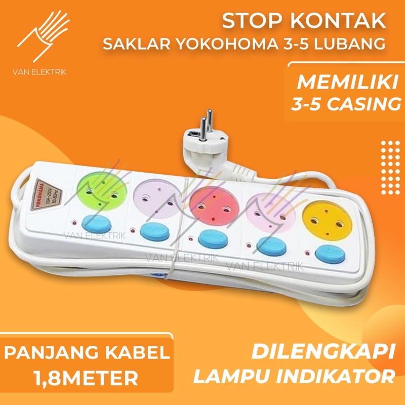 Jual Stop Kontak Saklar Yokohama atu steel 3 - 4 - 5 Lubang / Kabel Colokan 1.8 Meter | Shopee Indonesia