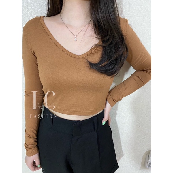 Jual Luvlyclothing.id | Crop Top Croptee Low Back Long Sleeve Leher V ...