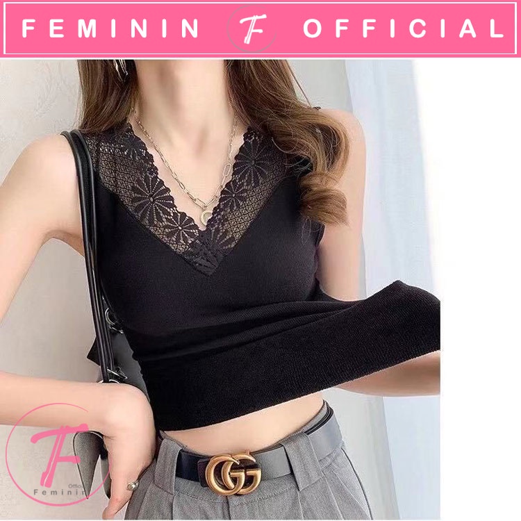 Jual Feminin Tanktop Wanita Ukuran Panjang Model Renda Deep V Neck ...