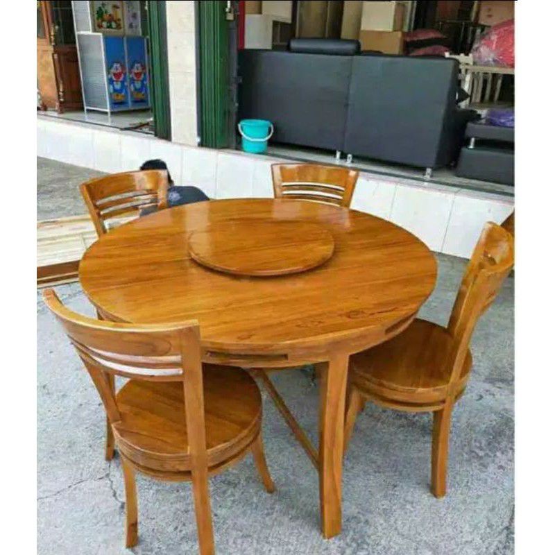 Jual Meja Makan Bulat Kursi 4 Meja Putar Kayu Jati Shopee Indonesia