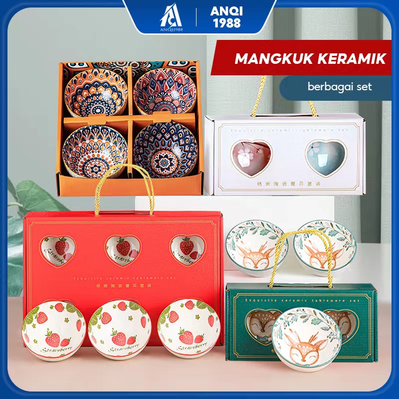 Jual Anqi Souvenir Mangkok Set Premium Makan Porselen Biru Dan