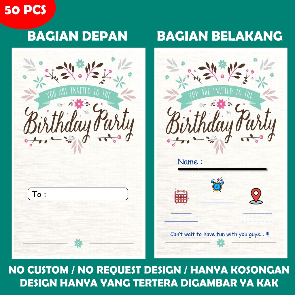 Jual Undangan ulang tahun Design 08 No custom / undangan ultah