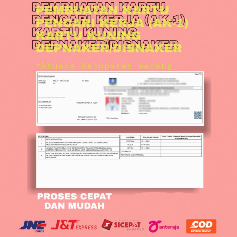 Jual kartu pencari kerja, kartu kuning, kartu ak-1, depnaker | Shopee