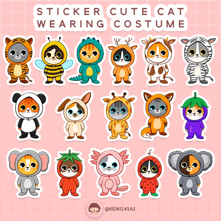 Jual STICKER KUCING LUCU PAKAI KOSTUM WATERPROOF ISI 16 PCS | Shopee