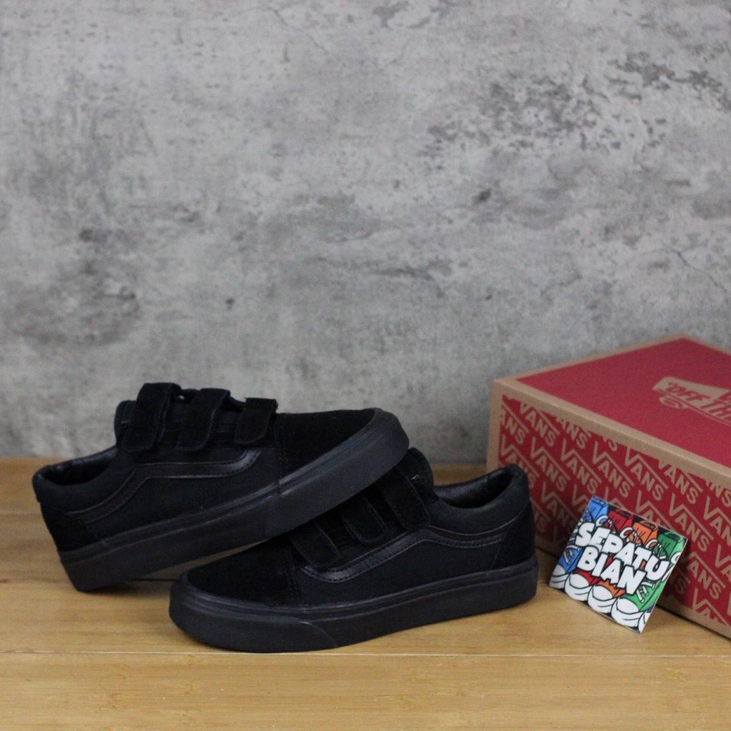 Sepatu VANS Old Skool Velcro Prepet All Full Black Hitam Polos