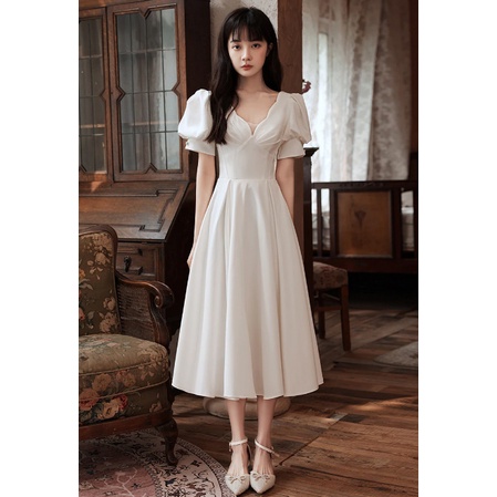 green emerald velvet dress A-Line Satin Tea Length Little White Dress COCOMELODY CW3379, 20 Days / Ivory / US6-UK8-EUR36 main image 0