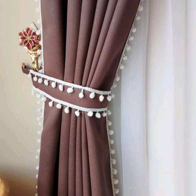 Gorden coklat pompom blackout hordeng coklat renda gordyn bohemian tirai  renda pom pom