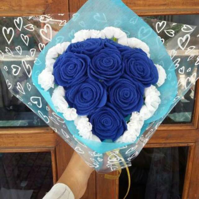 Jual Roses Bouquet / Buket Bunga Mawar Biru Dongker dari Kain Flanel