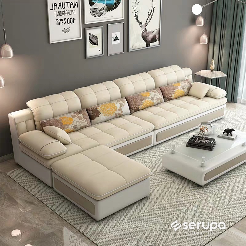 Jual Sofa Letter L Modern Minimalis Gratis Bantal dan Puff Fullset Meja