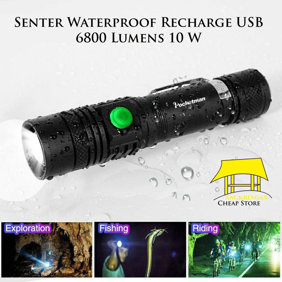 Jual Senter Waterproof Recharger USB 6800 Lumens 10 W Anti Air Tactical ...