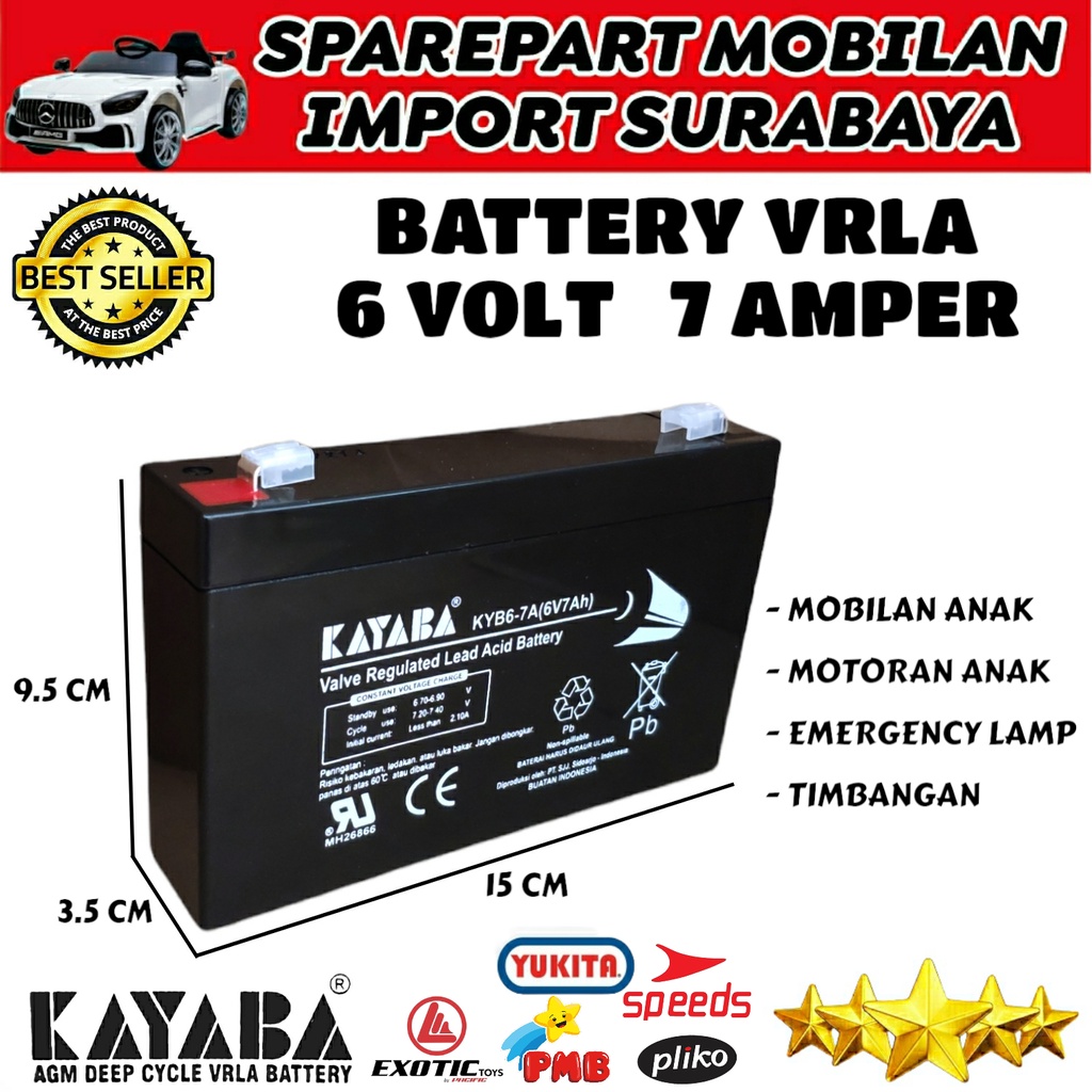 Jual PUSAT BATERAI KAYABA 6 VOLT 7 AMPER MOTOR AKI MOBIL MOBILAN ANAK