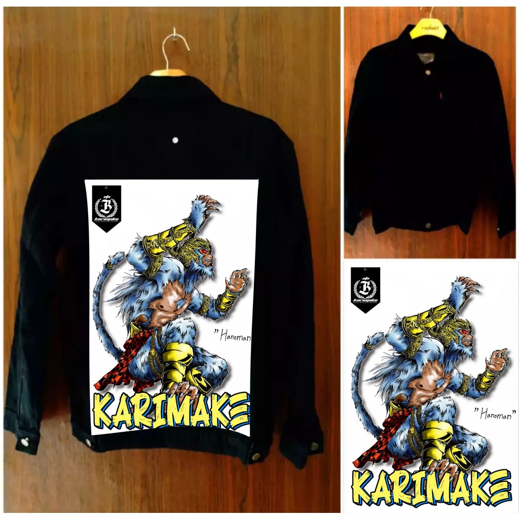 Jual Eta Karimake jaket jeans hitam pekat gambar belakang anoman putih