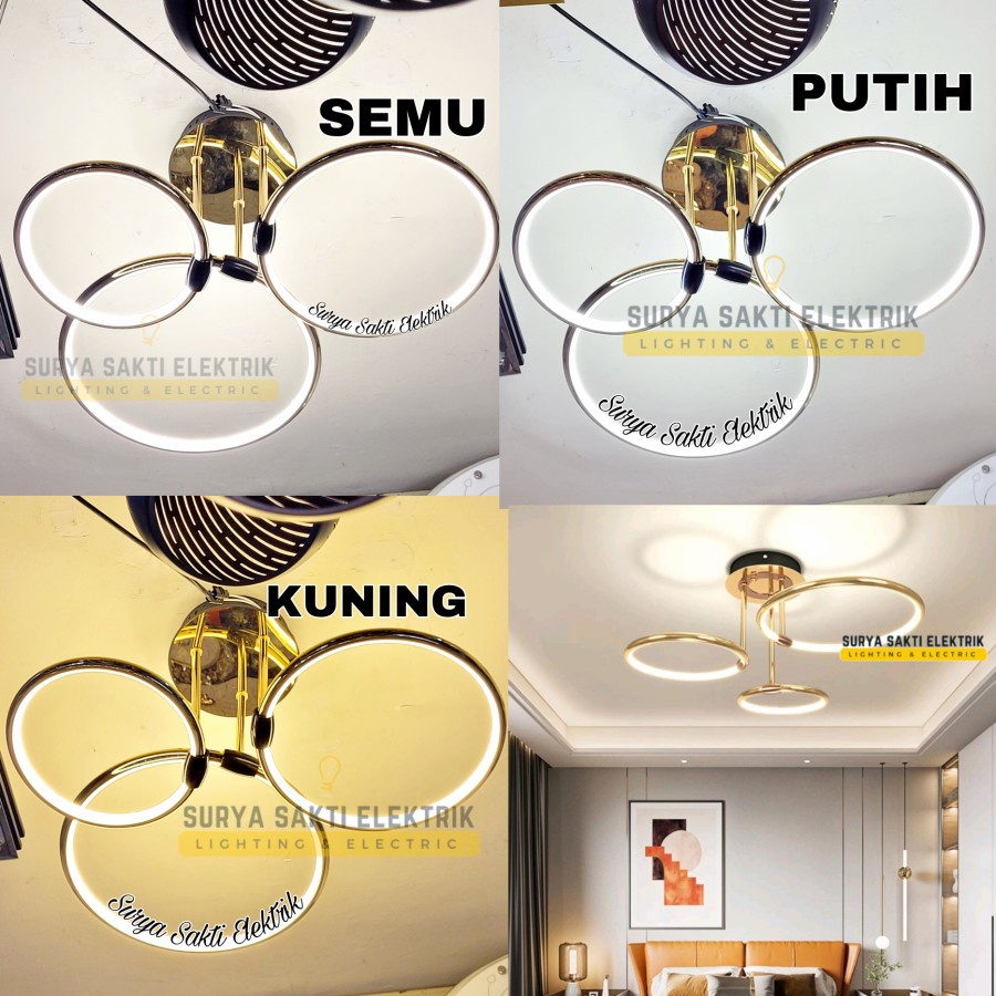 Jual Lampu Hias Plafon Ring Led Gold Mewah Modern Nyala 3 Warna Ruang