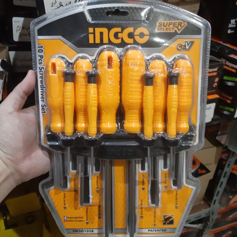 Jual obeng set 10 pcs INGCO HKSD1058 obeng gagang fiber magnet obeng ...