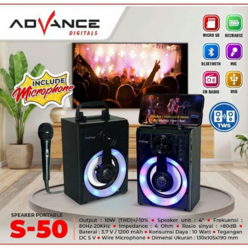 Jual Cod Speaker Bluetooth Portable Advance S-50/Speaker karaoke Free ...
