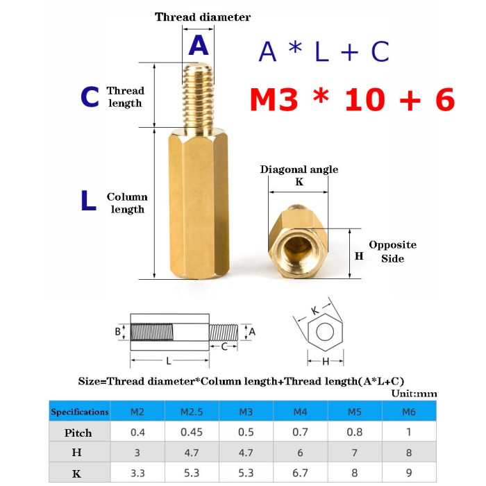Jual M310+6 mm Pilar Spacer PCB M3 10 Standoff Tembaga kuningan Nut
