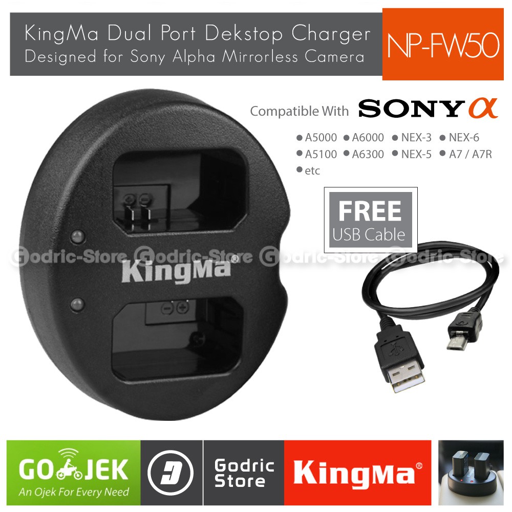 Kingma Charger NP-FW50 for Sony Alpha A7R A7S A5000 A5100 A6000 A6300 A6400  NEX-7 NEX-6 Etc