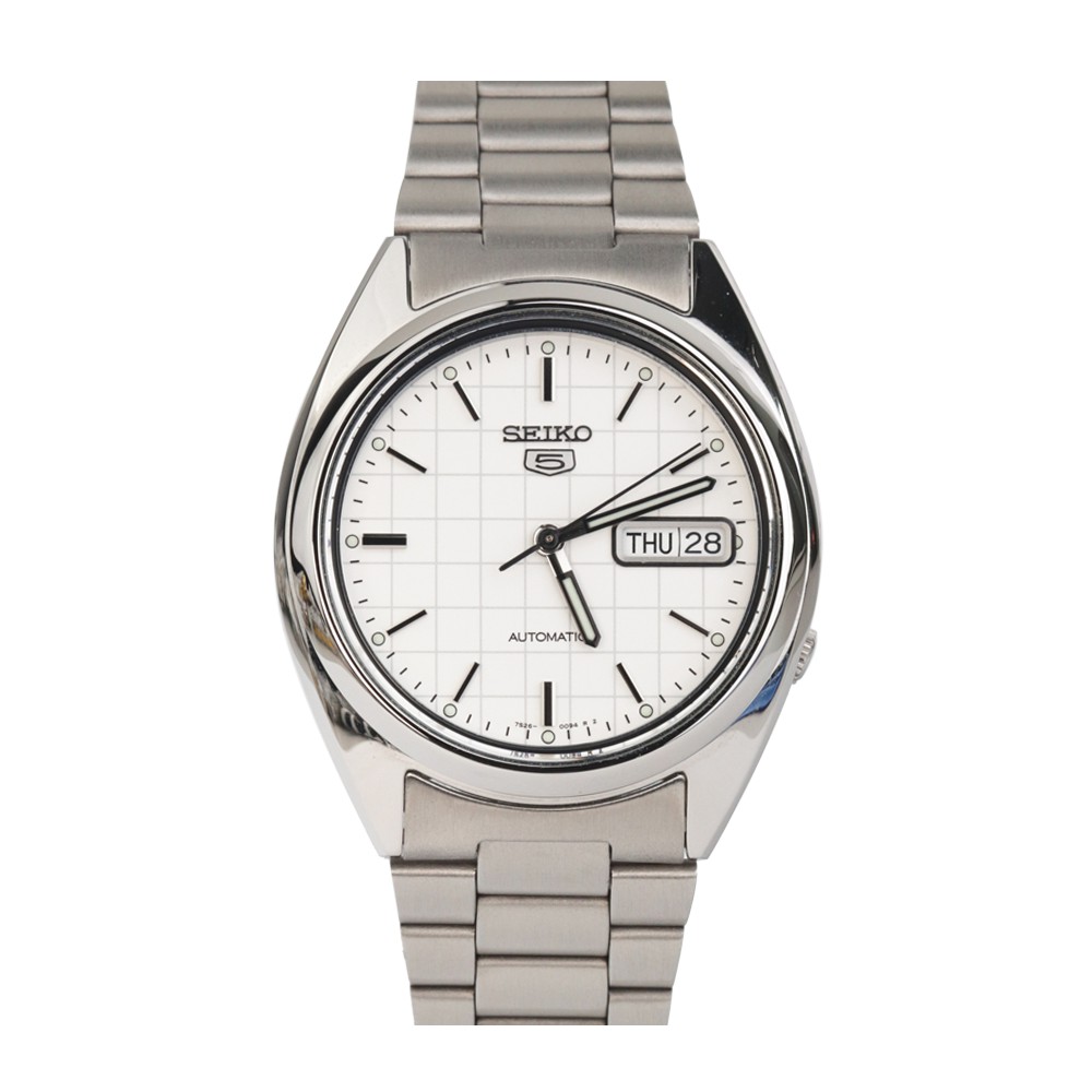 Seiko SNXF05K1 Orologio Analogico Uomo – Movimento Automatico, Quadrante Bianco, Cinturino Grigio, Acciaio Inox, 3 Bar