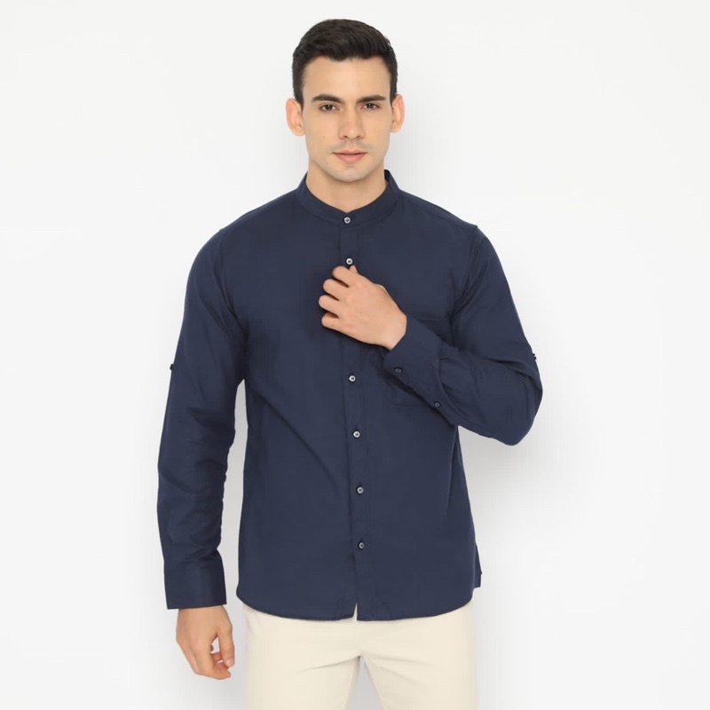 Jual Code Male - Zayn Kemeja Pria Kerah Koko Navy Dark Lengan Panjang ...