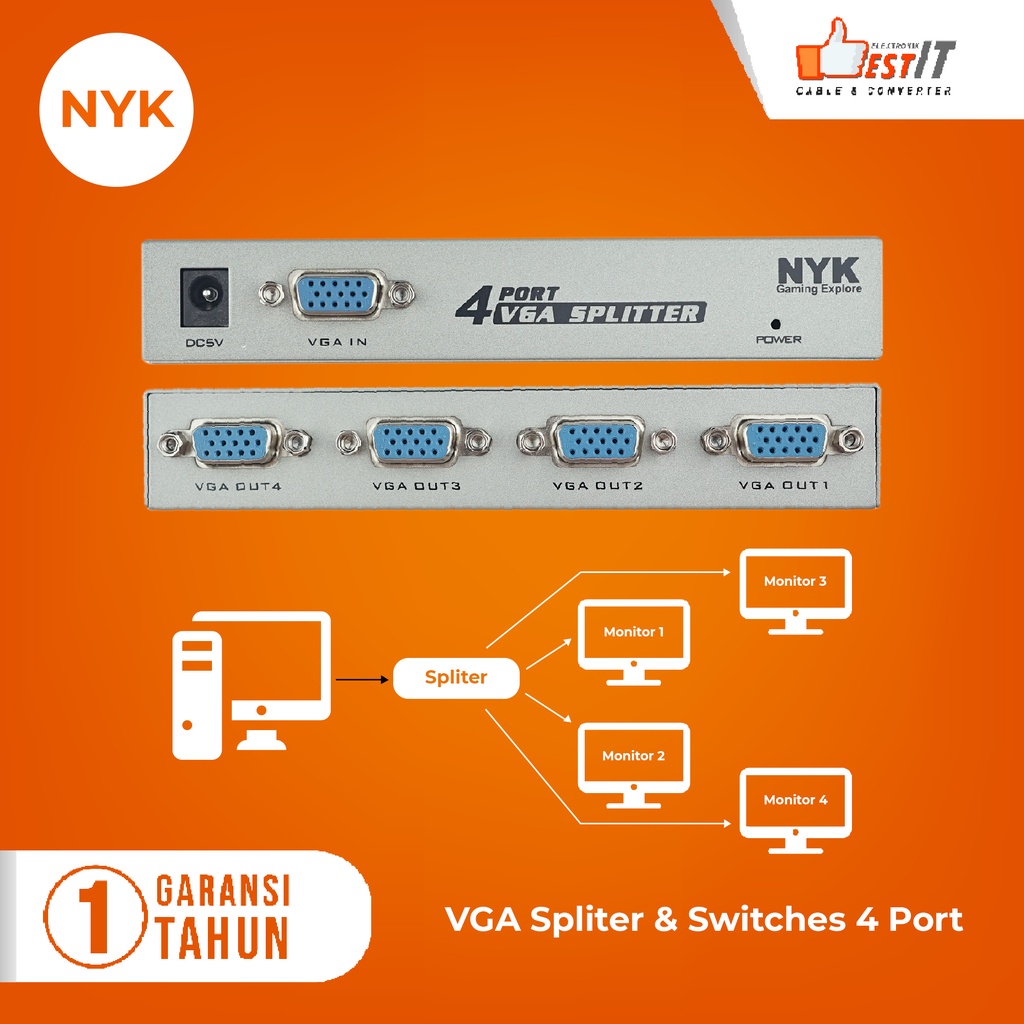 Jual VGA Splitter 1-4 Port 150Mhz NYK High Quality | Shopee Indonesia