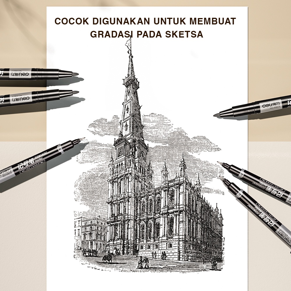 Deli Permanent Marker / Spidol Permanen Double Tip Dapat Menulis Disegala Permukaan 6823 (4)