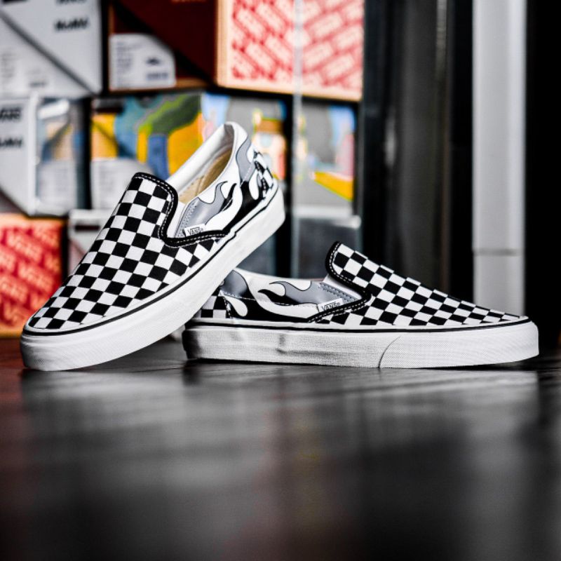 SALE Vans Slip On Checkerboard Flame Black White Original Vans Slipon Checkerboard Flame Black White Original Vans Slipon Flame Black White