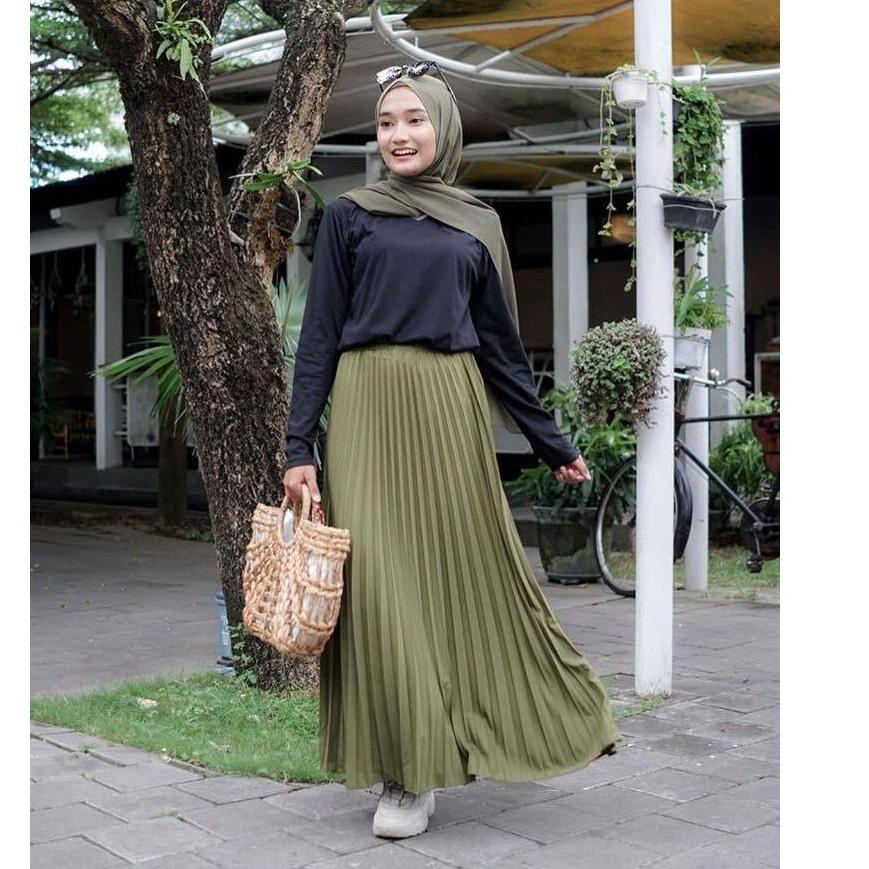 Jual Ootd Rok Plisket Panjang Premium Payung Jumbo Warna Hitam Putih Hijau Botol Army Mocca 5617