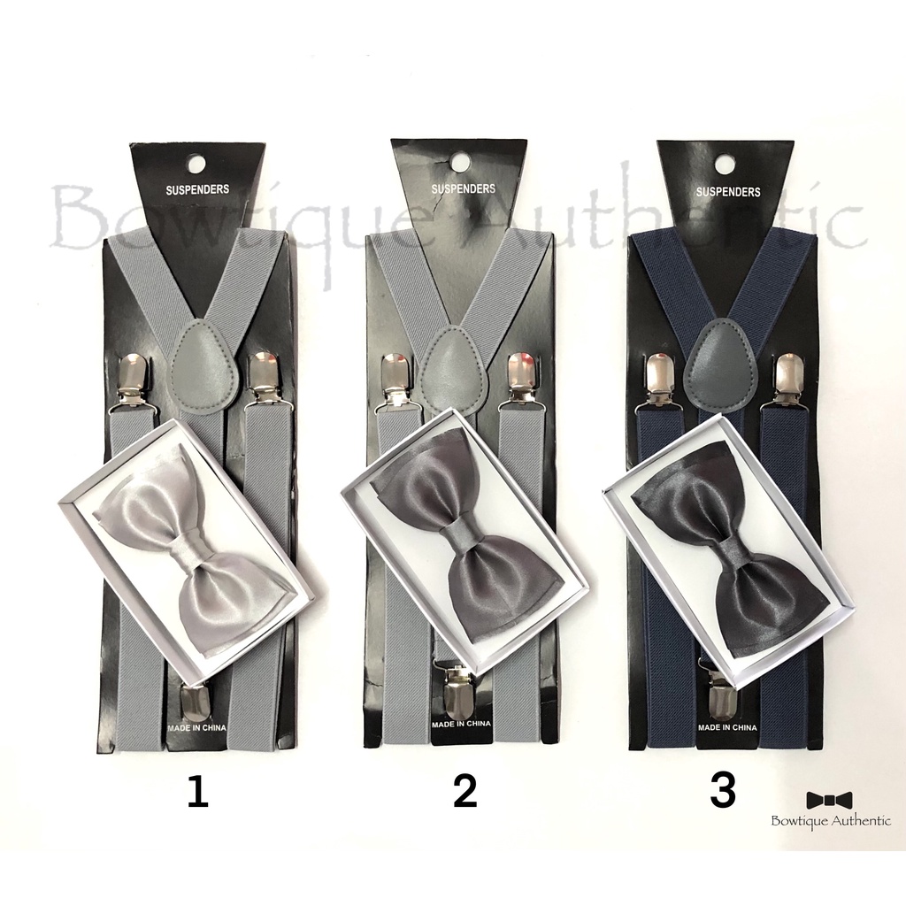 Jual Paket Suspender dan dasi kupu satin dewasa susun varian Abu-abu