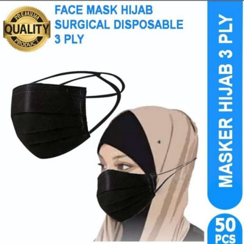 Jual MASKER HIJAB 3ply ISI 50pcs HEADLOOP 3PLY HITAM | Shopee Indonesia