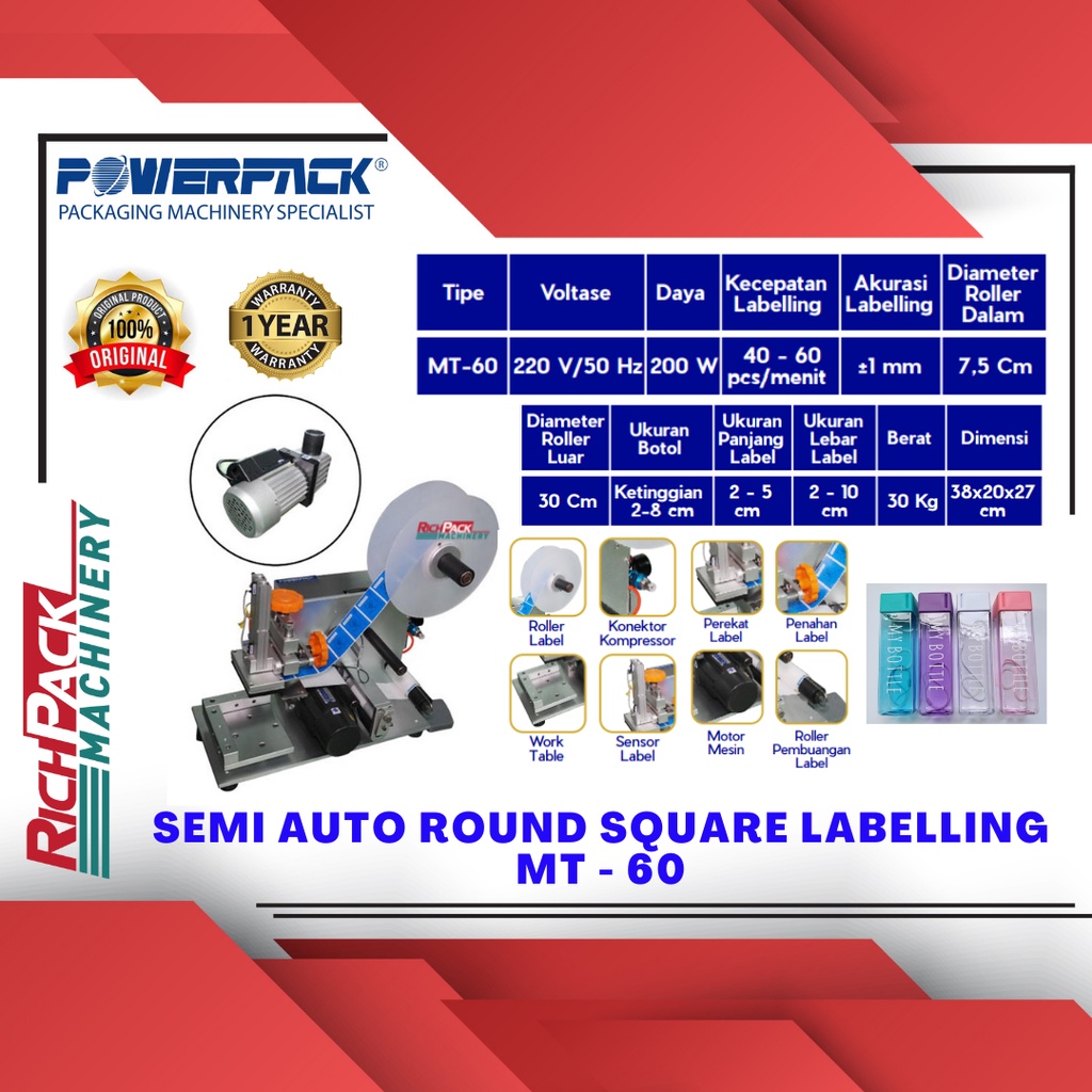 Jual MESIN LABEL BOTOL LABELLING BOTOL MACHINE MT-60 POWERPACK | Shopee ...