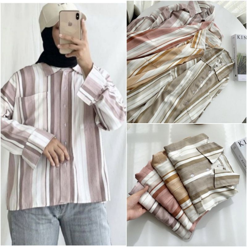 Jual KEMEJA BASIC STRIPE CERENA SHIRT / KEMEJA WANITA SALUR OVERSIZE ...