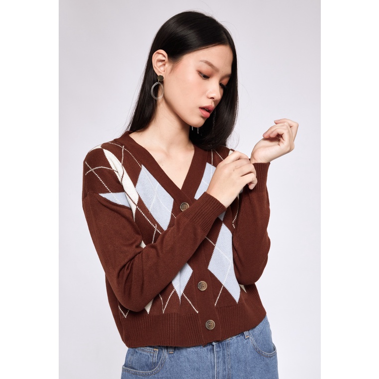 Jual COLORBOX V-neck Argyle Cardigan Brown | Shopee Indonesia