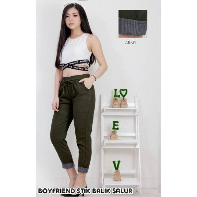 Jual Celana Panjang Wanita /boyfriend Kombinasi Stik Balik | Shopee ...