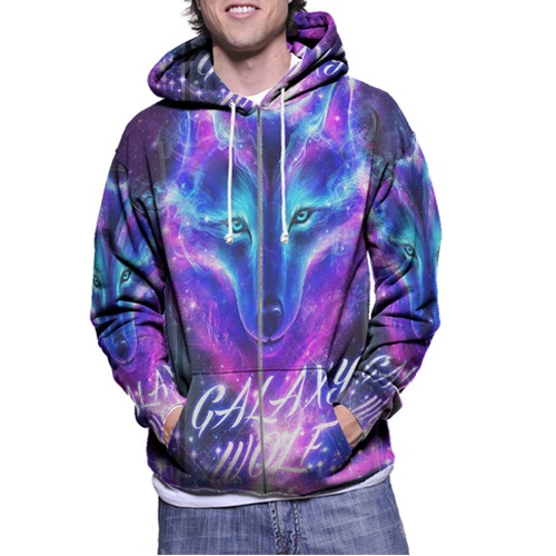 Jaket Hoodie Galaxy Wolf Hoodie Fullprint Casual Zipper Hoodie Fullprint New Casual Unisex Hoodie Ritsleting Bahan Polyester Jersey