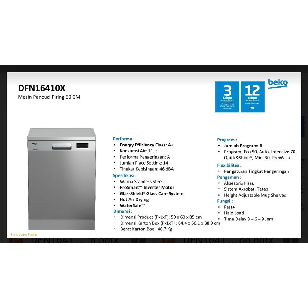 Jual Mesin Cuci Piring BEKO (Dishwasher) 60cm DFN16410X Free Instalasi