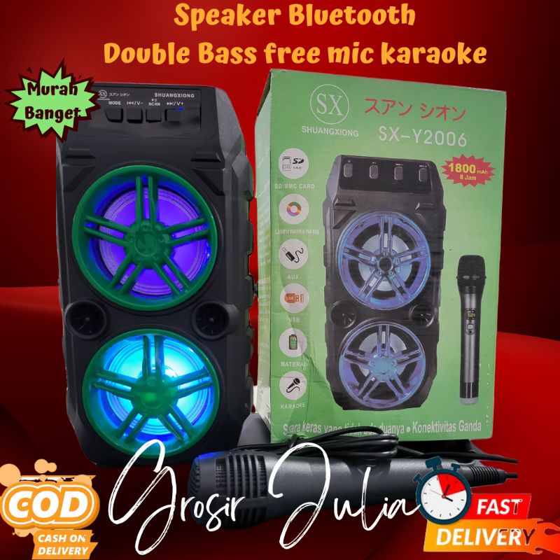 Jual Speaker Bluetooth Led Portable Double Bass free Mic Karaoke ...