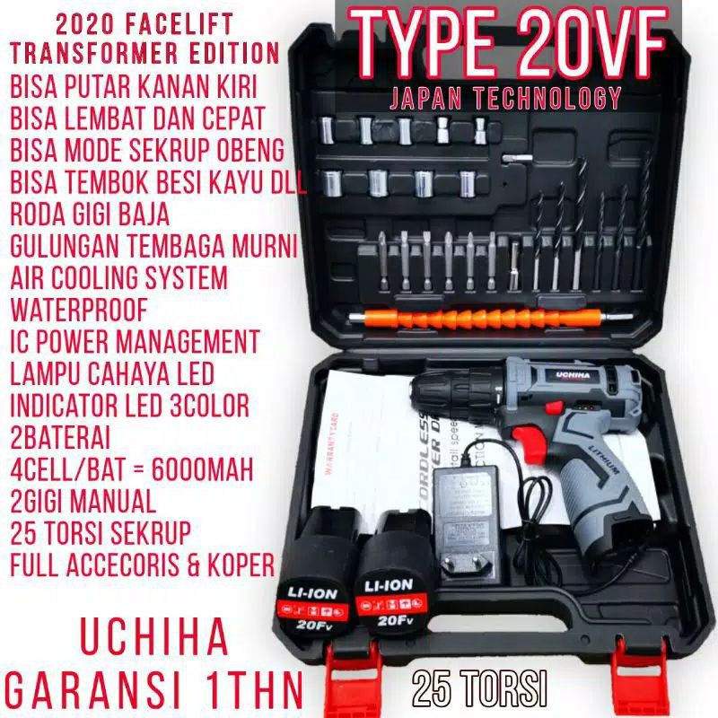 Jual Mesin Bor Baterai Cordless Uchiha 20v Tembok Besi Kayu 25torsi T ...