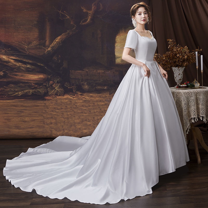 READY STOCK. 165 Satin Putih Wanita Bridal Wedding Dress Lengan Pendek Gaun Pengantin Ekor Panjang Satin Wedding Gaun