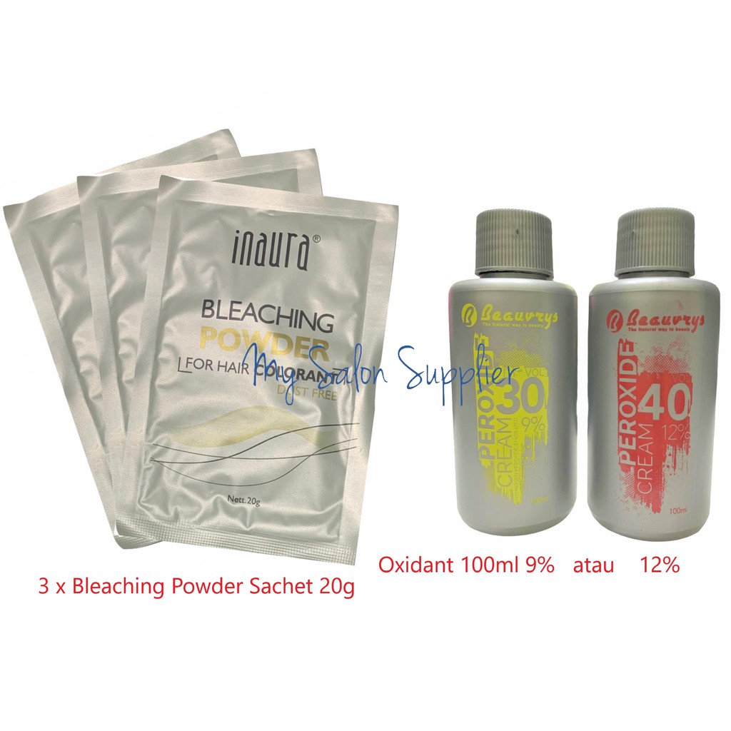 Jual 1 Set ( 3pc Inaura Bleaching Powder Sachet 20g + Beauvrys Peroxide Oxidant Developer 100ml