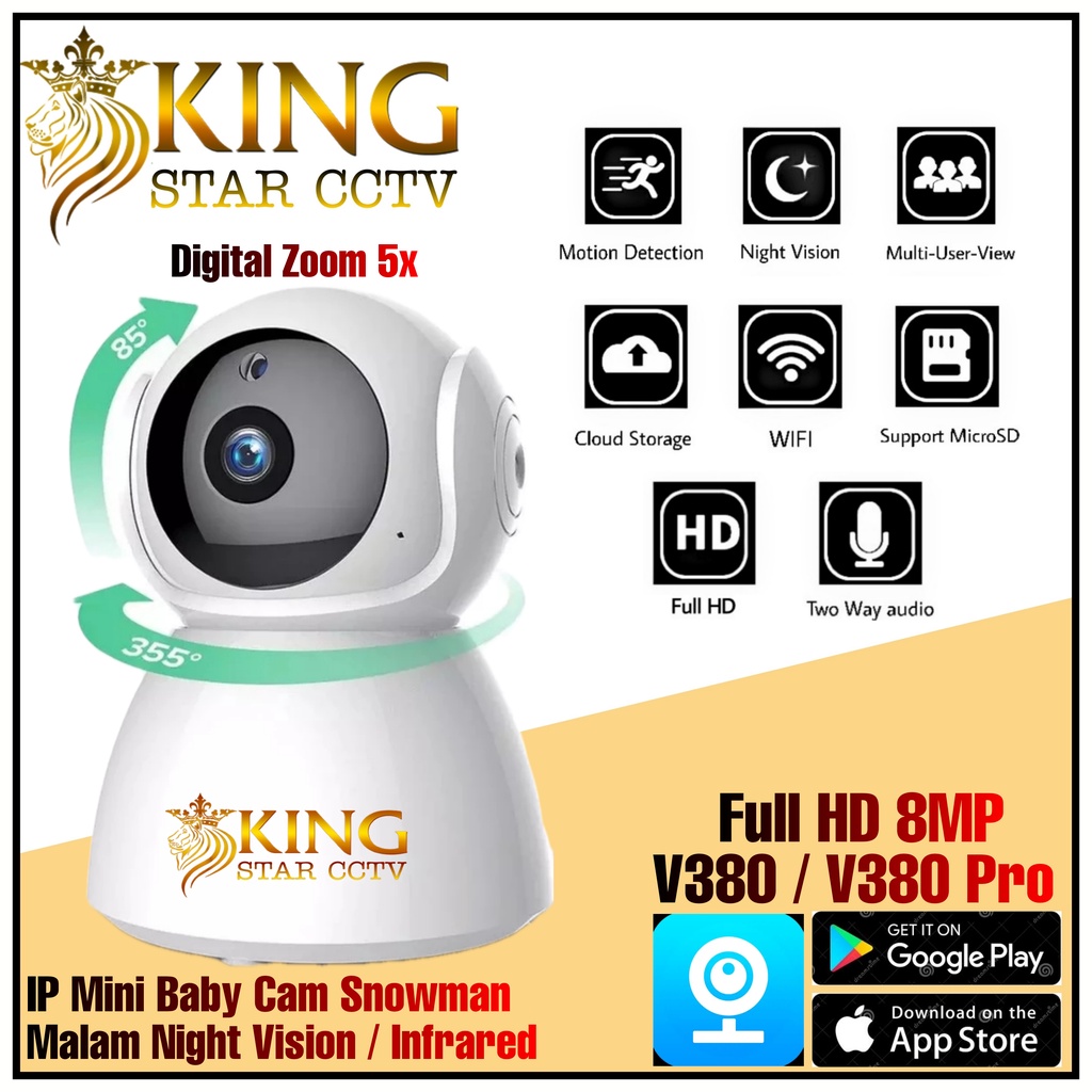 IP CCTV V380 IP Camera Mini 8MP HD 1080P Wireless CCTV Wifi Snowman Kamera  PTZ Mini