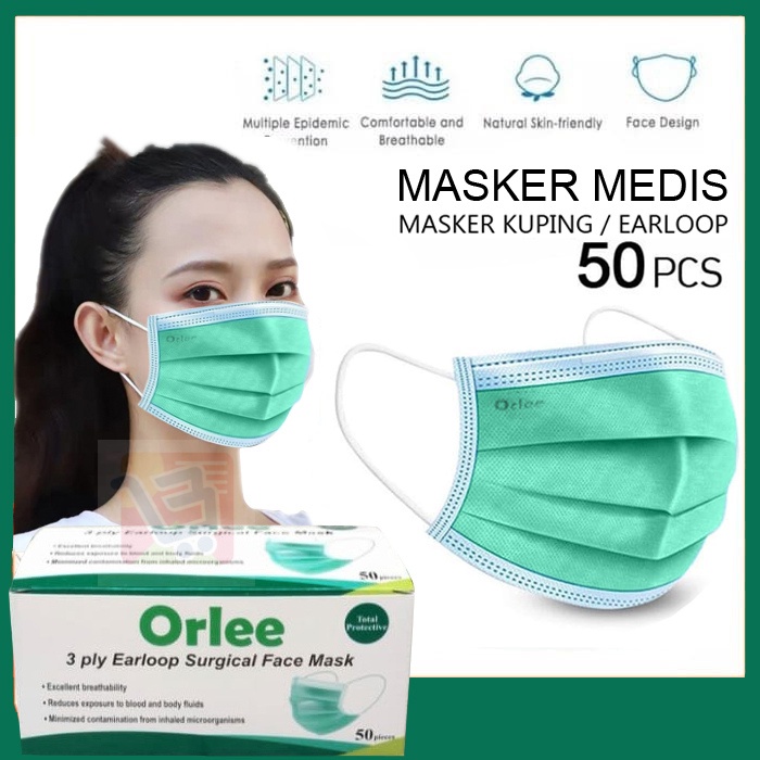 Jual Masker 3ply 3 ply Orlee Hijau Green Medis Earloop Kemenkes BFE 95% ...