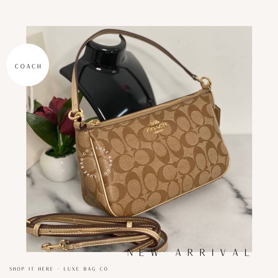 Jual Coach Top Handle Pouch Signature Canvas Saddle Khaki Brown 100 ORIGINAL Shopee Indonesia