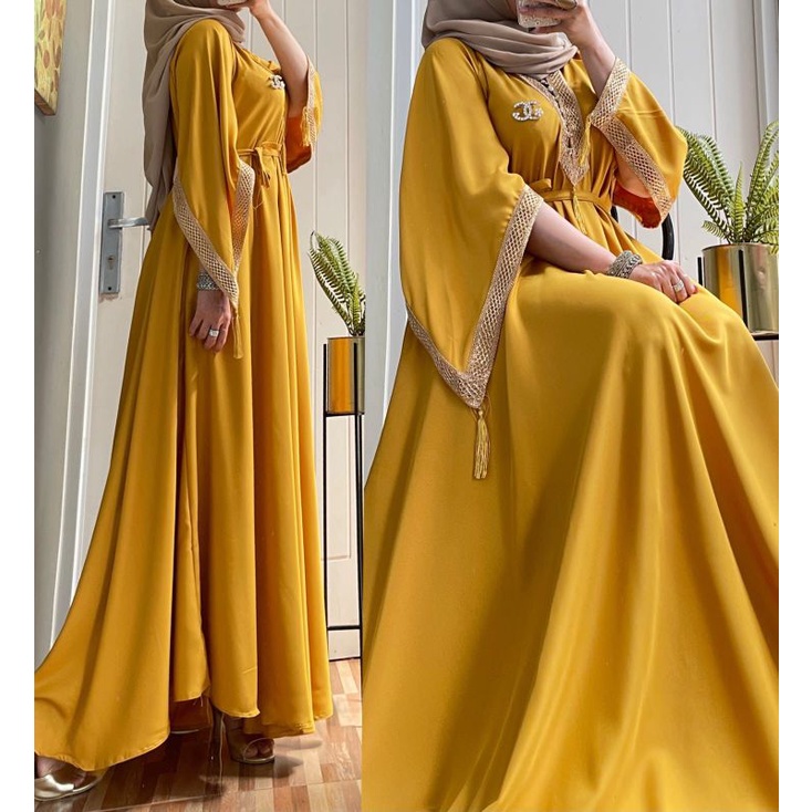 Jual luna dress shakila warna kuning kombinasi renda gold | Shopee ...