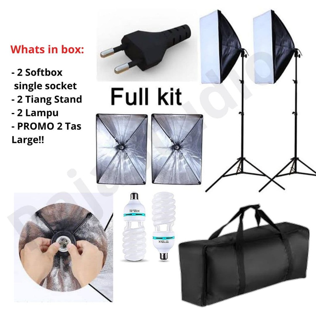 Jual 2 SET Lampu Studio Set Softbox Light Stand Lampu Bohlam Foto Video Tas Paket Lighting