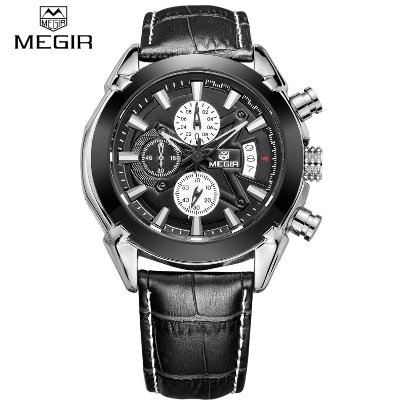 Jual MEGIR 2020 Jam Tangan Pria Analog Chronograph Tali Kulit MGOS