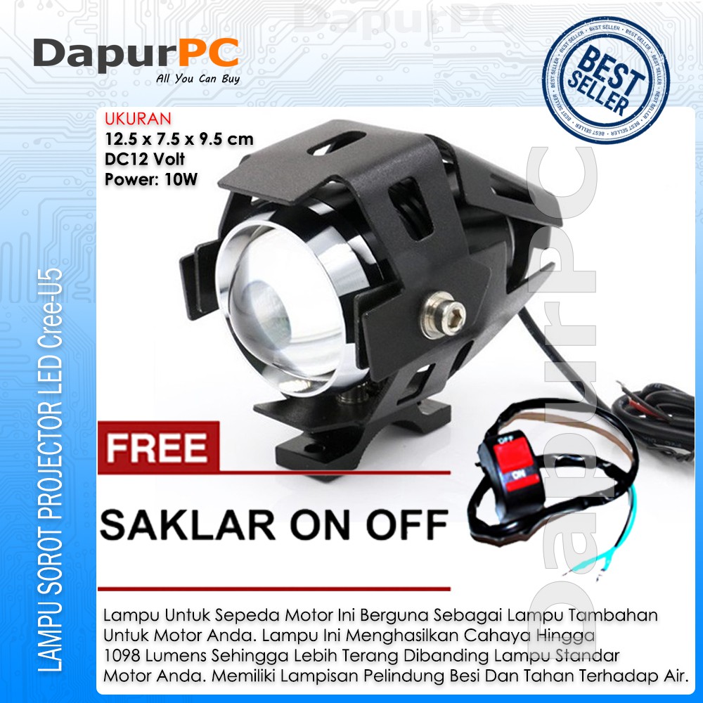 Lampu Sorot Motor LED Projector Headlight Cree-U5 1200 Lumens + Saklar