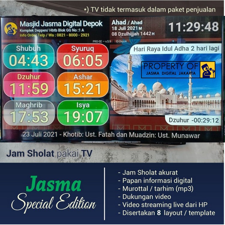 Jual Jasma Versi Spesial Edition Jam Jadwal waktu Sholat Masjid TV LED ...