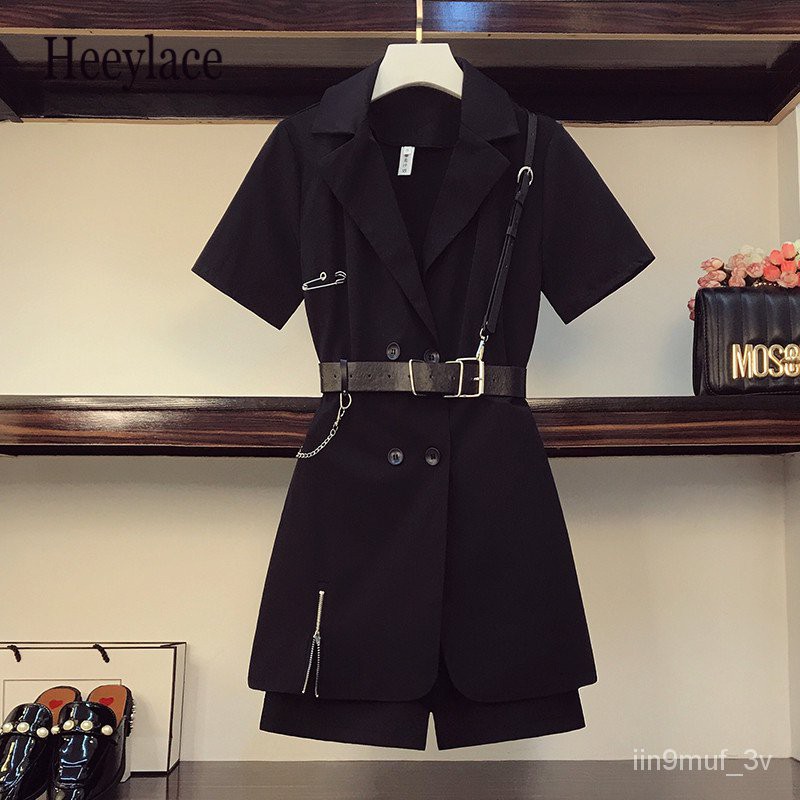 Jual Plus Size Women Black Blazer Dress and shorts set Summer Punk